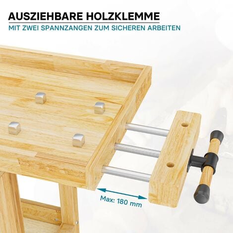 Wiltec Werkbank 151 x 61,5 x 86 cm aus Holz, Werktisch aus Rubberwood, Hobelbank bis 150 kg belastbar, Werkzeugbank mit Schublade und Spannzangen
