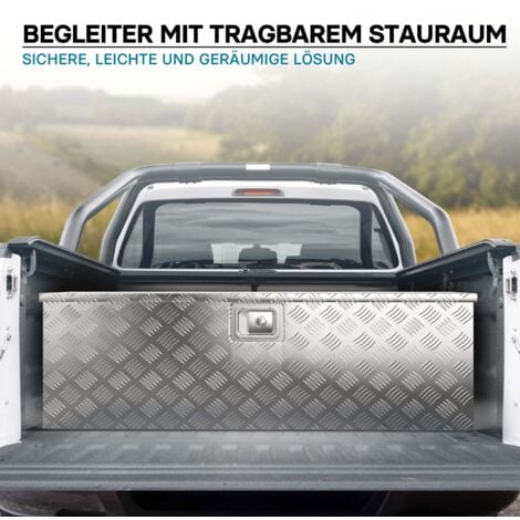 Wiltec Werkzeugbox Alu 124x37x38 cm Silberfarbene Transportbox, Werkzeugkiste inkl. Schlüssel, Alubox und Staukasten mit Handgriffen, großzügige Deichselbox