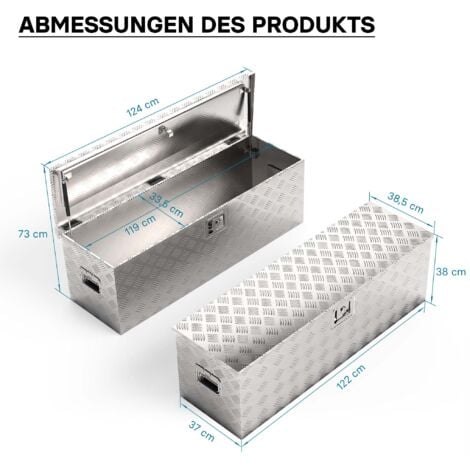 Wiltec Werkzeugbox Alu 124x37x38 cm Silberfarbene Transportbox, Werkzeugkiste inkl. Schlüssel, Alubox und Staukasten mit Handgriffen, großzügige Deichselbox