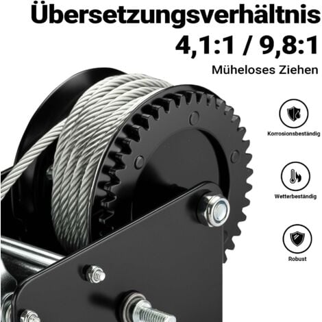 Handseilwinde 2000kg - 10m Stahlseil Mit 4:1/8:1 Übersetzung Für Forst & Transport