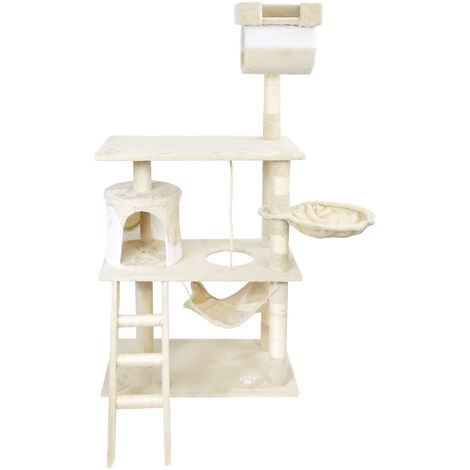 Wiltec Kratzbaum in Beige/Weiß 141 cm hoch, Katzenbaum mit Sisal, Katzenkratzbaum mit Katzenhaus, Hängematte und Liegemulde, Kletterbaum für Katzen