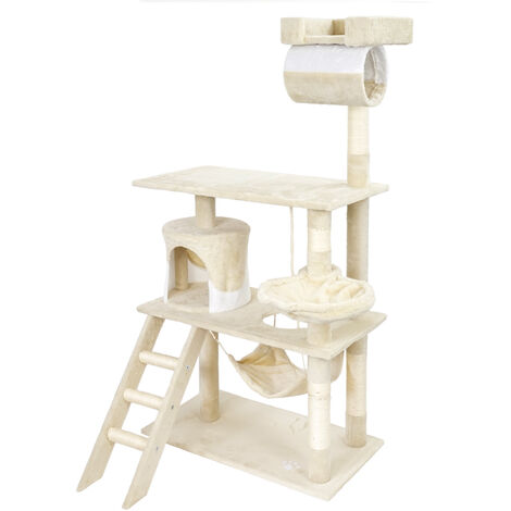 Wiltec Kratzbaum in Beige/Weiß 141 cm hoch, Katzenbaum mit Sisal, Katzenkratzbaum mit Katzenhaus, Hängematte und Liegemulde, Kletterbaum für Katzen