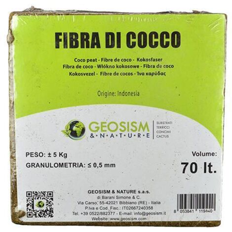 Fibra di cocco in mattonella Geosism, inferiore a 0,5 mm (c.ca 5 kg - 70 lt)
