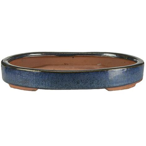 Vaso per bonsai ovale in gres smaltato blu 21,5x15,5x2,5 cm - O10e