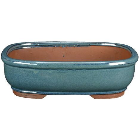 Vaso per bonsai ovale in gres smaltato verde scuro 14x10x3,5 cm - G8d