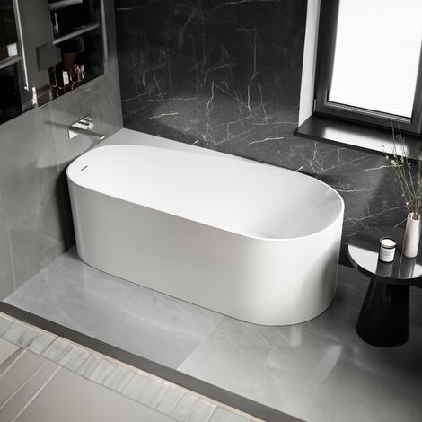 BERNSTEIN - Bañera acrílica ovalada moderna de esquina con desagüe y rebosadero - Blanca - 170x78x58cm - ONDA CORNER