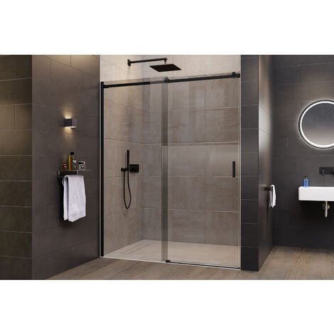 Cabina de ducha, puerta abatible, perfiles negros mate, vidrio de templado  seguridad, antical, transparente de 8mm