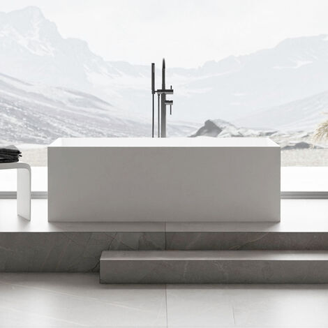 BERNSTEIN - Bañera exenta rectangular de fundición mineral 170x72x55cm + desagüe automático y rebosadero - Blanco mate - LUNA