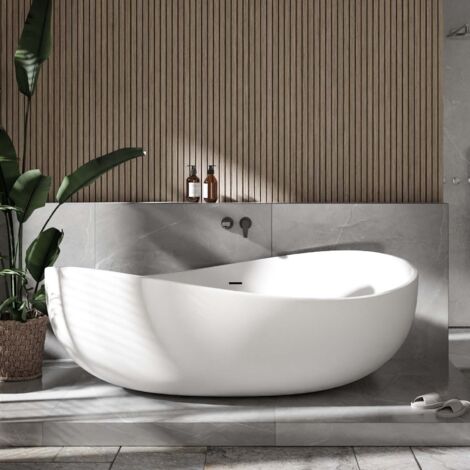 BERNSTEIN - Bañera independiente de diseño ovalada de acrílico 180x110x62 cm blanco mate + desagüe y rebosadero - WAVE