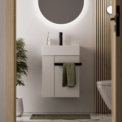 BERNSTEIN - Mueble de lavabo blanco mate 45x35x50cm (LxAnxAl) 1 cajón + espacio de almacenaje a la izquierda + tirador negro mate - COMPACT450 blanco mate, Negro mate