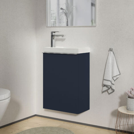 BERNSTEIN - Mueble lavabo suspendido MDF azul noche mate, lavabos blanco brillo + orificio grifería, tirador cromado 40x60x22cm - LAVOA cromo, Azul medianoche mate (1/5)