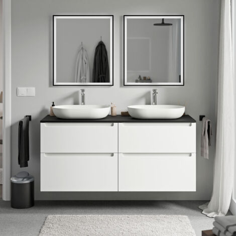 BERNSTEIN - Mueble lavabo suspendido MDF blanco mate, encimera de lavabo negro mate, cajones giratorios 120x46x62cm - VIREO blanco mate, Negro mate