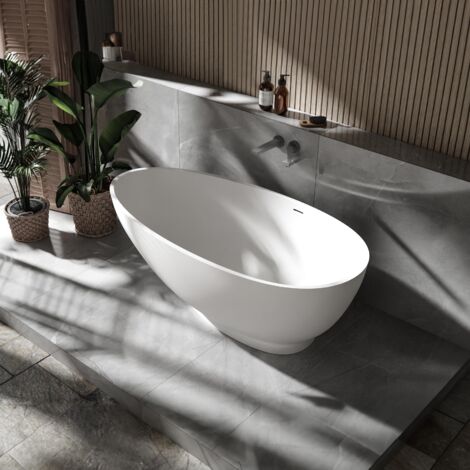BERNSTEIN - Bañera independiente ovalada de fundición mineral con diseño de baño - 5 años de garantía - 150x75xx52cm - VIGO STONE - Blanco mate -