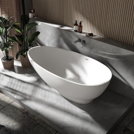 BERNSTEIN - Bañera independiente Oval hierro fundido mineral 170x85x52cm + Desagüe y rebosadero - Blanco mate - VIGO