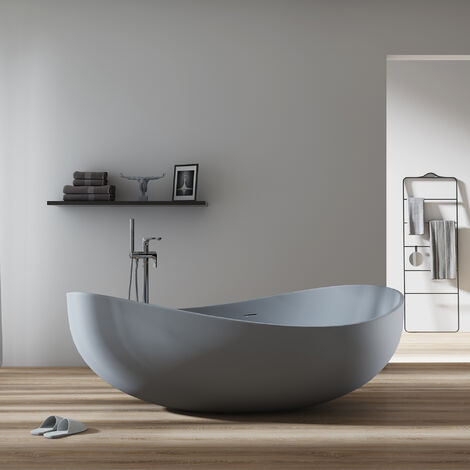 BERNSTEIN - Bañera isla de piedra maciza, Solide Surface, WAVE STONEmatt gris, 180 x 110cm Con tapa gris