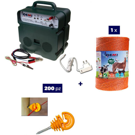 Kit Complet pour Clôture Électrique : 1 x Electrificateur B12 Double Alimentation 12 V / 220 V + 1x Fil 1000 MT 4 Mm² + 200 pcs Isolateur pour Piquets en BOIS - Clôture Électrifiée