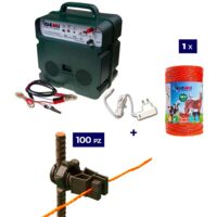 Kit Complet pour Clôture Électrique : 1 x Electrificateur B12 Double Alimentation 12 V / 220 V + 1x Fil 500 MT 4 Mm² + 100 pcs Isolateur pour Piquets en FER - Clôture Électrifiée
