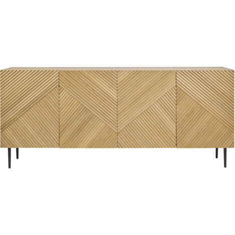 Credenza design in legno massello di rovere chiaro con incisioni e metallo nero 4 ante L180 cm ARCHIPEL