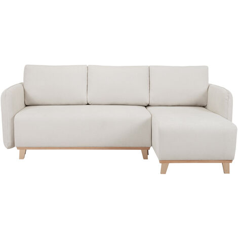Sofá cama chaise longue reversible 3-4 plazas de tejido efecto aterciopelado texturizado beige y madera clara ROMANE (1/5)