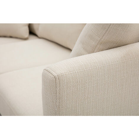 Sofá nórdico con chaise longue a la izquierda en tela beige desenfundable  con madera clara 3-4 plazas OSLO