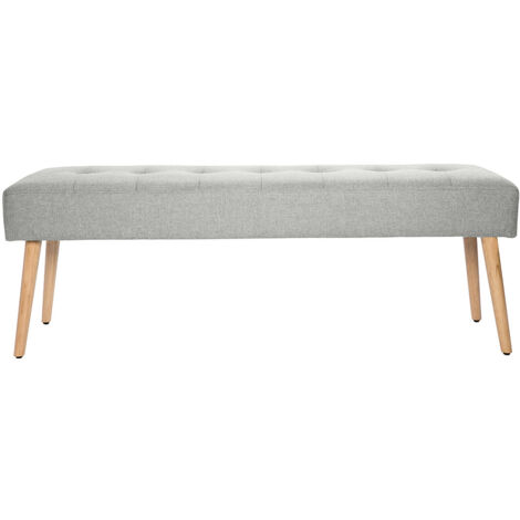Banco nórdico capitoné de tela efecto aterciopelado texturizado gris claro y madera clara 130 cm GUESTA