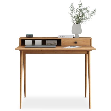 Idimex – Bureau droit en pin massif brun avec 1 tiroir et 1 étagère – Dimensions 86 x 100 x 54 cm – Pieds en cône pour stabilité