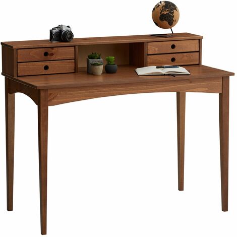 Idimex – Bureau secrétaire en pin massif brun foncé – 4 tiroirs et 1 niche intégrée – Hauteur 75 cm – Design élégant pour espace de travail