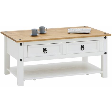 Table basse fixe CAMPO en pin massif blanc et brun – 2 tiroirs et 1 étagère – Dimensions 45 x 100 x 60 cm (H x L x P) – Caro-Möbel