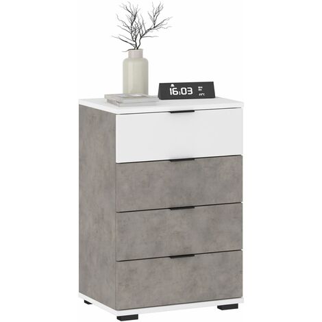 Idimex – Table de chevet 4 tiroirs – Mélaminé effet béton et blanc – Dimensions tiroirs 38x17x33 cm – Design moderne et facile d'entretien (1/5)