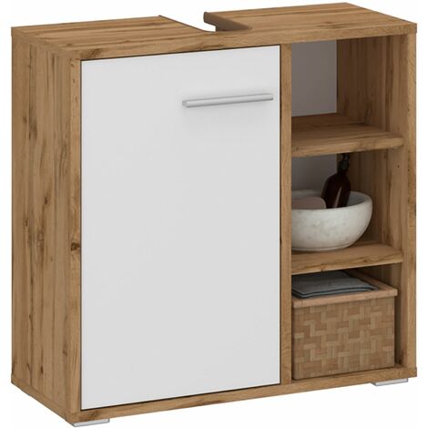Idimex – Meuble bas de salle de bain sous lavabo – Mélaminé chêne wotan et blanc – 1 porte avec 3 étagères – Dimensions 60 x 30 x 60 cm