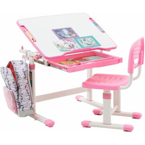 HOMCOM Bureau et chaise pour enfant avec support de lecture casier crochet  et porte stylo 60 x 45x 90-102 cm gris