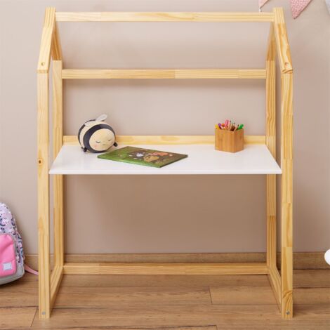 Bureau Cabane Enfant LIA Réglable - Bois Massif, Style Montessori, Naturel/Blanc