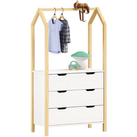 Idimex – Commode enfant en pin massif – 3 tiroirs sur rails plastiques – Dimensions monté 152 x 83 x 41 cm – Naturel/Blanc