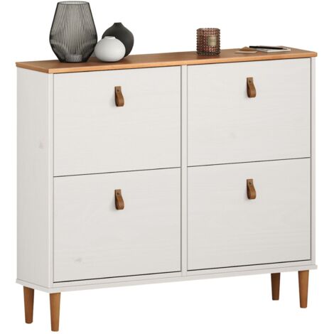Idimex – Meuble à chaussures 4 abattants en pin massif lasuré blanc/chêne – Capacité 16 paires – Design scandinave avec poignées en cuir