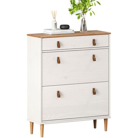 Idimex – Meuble à chaussures scandinave en pin massif lasuré blanc/chêne – 2 abattants avec 4 étagères – 1 tiroir – Capacité 16 paires