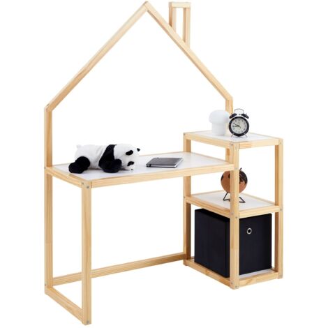 Idimex – Bureau enfant en pin massif lasuré blanc/naturel – Design en forme de maison – Étages intégrés pour rangement – Style Montessori
