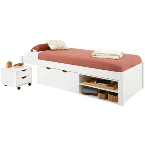 Idimex – Lit fonctionnel 90x190 cm en pin massif lasuré blanc – Table de chevet intégrée – Grand tiroir sur roulettes – Étagère astucieuse (1/5)