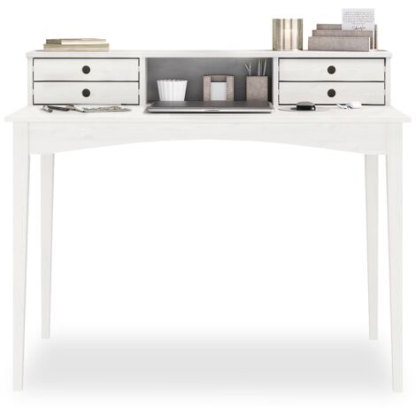 Idimex – Bureau droit en pin massif lasuré blanc avec 4 tiroirs et 1 niche – Dimensions 75 cm de hauteur – Conception stable et élégante