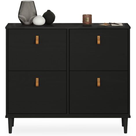 Idimex – Meuble à chaussures 4 abattants en pin massif lasuré noir – Capacité 16 paires – Dimensions 92 x 107 x 25 cm (H x L x P)