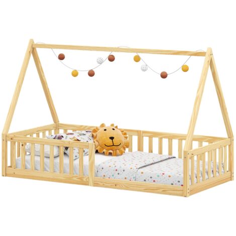 Idimex – Lit cabane 90 x 190 cm – Structure en pin massif coloris naturel – Barrière de sécurité modulable – Design Montessori pour enfants
