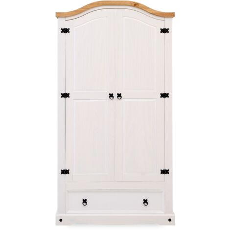 Idimex – Armoire en pin massif 2 portes 1 tiroir – Dimensions 100x190x51 cm – Finition blanche/naturelle – Style cottage moderne (1/5)