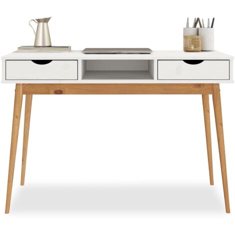Idimex – Bureau droit en pin massif lasuré blanc/chêne – 2 tiroirs et 1 niche intégrée – Dimensions optimisées pour espace de travail – Design élégant (1/5)