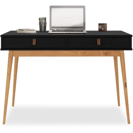Idimex – Bureau enfant WANDA 2 tiroirs en pin massif – Coloris noir et chêne – Dimensions tiroir 50x40cm – Assemblage facile (1/5)