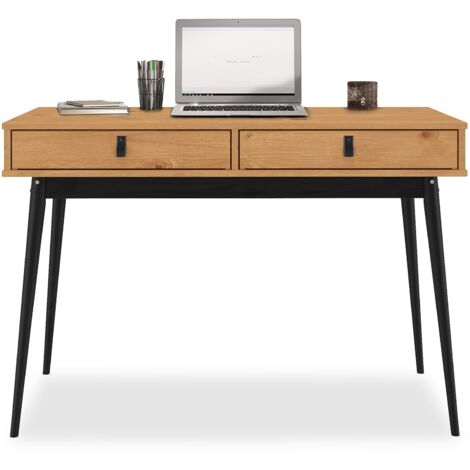 Bureau WANDA avec 2 tiroirs, en pin massif - Coloris chêne et noir (1/5)