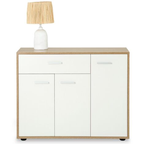 Idimex – Buffet Coraline 3 portes 1 tiroir – Chêne Sonoma/Blanc – Dimensions 70x88x30 cm – Surface résistante aux éraflures