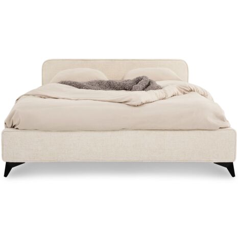 Idimex – Lit double 140x190 cm avec sommier à lattes – Cadre en bois et métal – Tissu blanc élégant – Hauteur 21 cm (1/5)