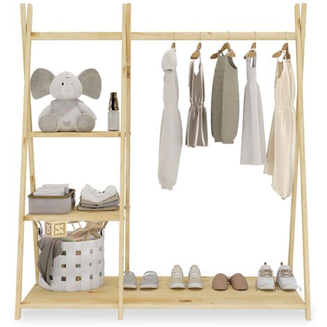 Idimex – Armoire enfant avec 3 étagères en pin massif – Coloris naturel – Design compact pour petits espaces – Barre penderie incluse