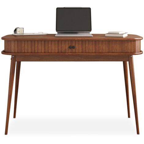 Idimex – Bureau droit en pin massif châtaignier – Porte coulissante – Grand espace de rangement – Pieds coniques 40 mm – Dimensions 75 x 113 x 50 cm (1/5)