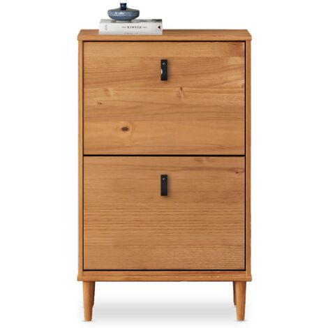 Idimex – Meuble à chaussures entrée Mikka en bois massif chêne – Capacité 10 paires – Poignées en cuir vintage – Format compact pour petits espaces (1/5)