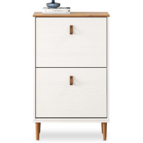 Idimex – Meuble à chaussures compact 2 abattants – Capacité 10 paires – Bois massif blanc et chêne – Dimensions 96 x 59 x 25 cm (1/5)